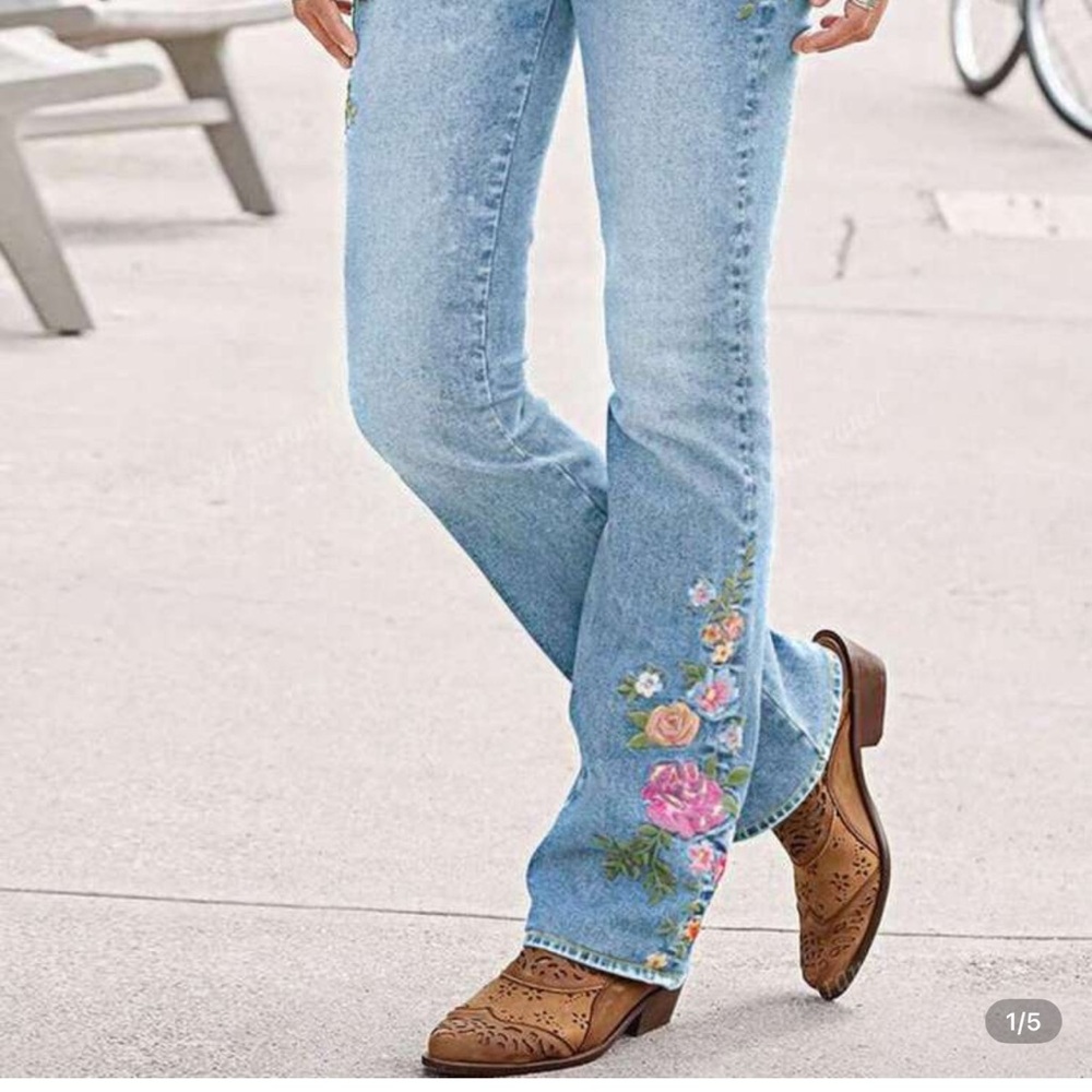 Embroidered jeans.